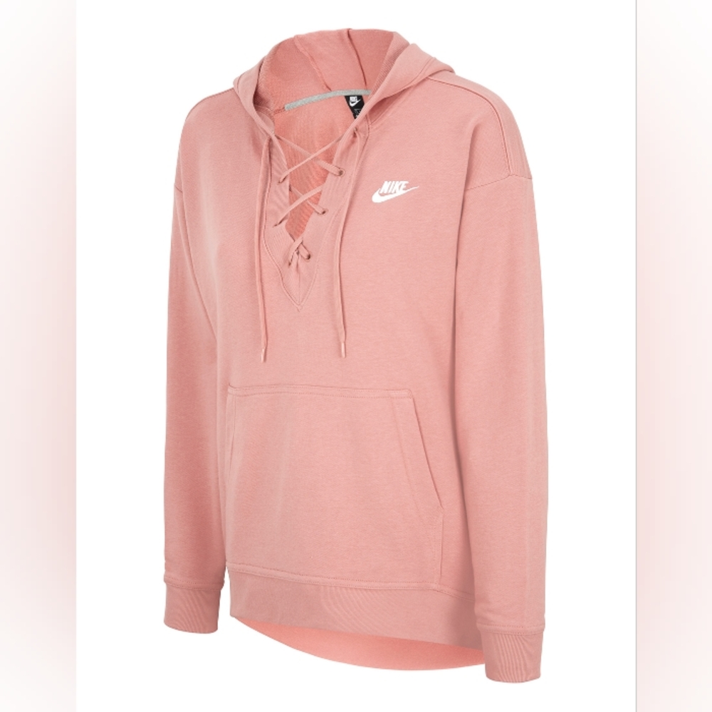Nike Rally V Neck Lace Up Hoodie Size Small Pink Kangaroo Pocket